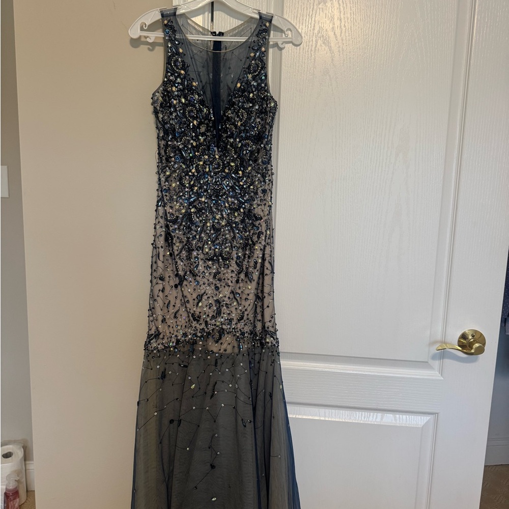 Elegant Navy Blue Sequin Evening Gown